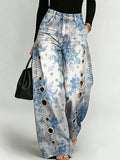 Vintage-style Elegant Floral Decorative Pattern Women's Denim Pants