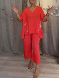 Casual Linen And Cotton Two-piece Top And Pants Set