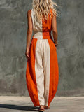 Women's Drape-neck Sleeveless Cotton-linen Jumpsuit