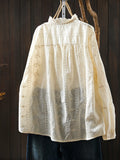 Plus Size Women Winter Artsy Stand Collar Embroidery 100%Cotton Shirt