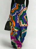 Women's Retro Geometric Color-blocking Patterns Printed Stylish Cutout Casual Denim Jeans