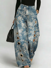 Women's Retro Floral Art Print Casual Stylish Hollow Denim Pants