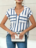 Women's Casual Pocket Loose-fit Short-sleeved V-neck Striped Shirt
