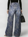 Women's Retro Floral Art Print Casual Stylish Hollow Denim Pants