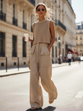 Casual Cargo Pockets Cotton-linen Wide-leg Pants