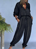 Casual & Comfortable Two-piece Set: Lace-paneled Linen-cotton Shirt And Lantern Pants