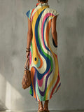 Colorful Wavy Decorative Pattern Women's No Sleeve Bud Collar Linen Cotton Dress