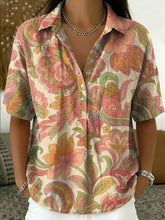 Women's Vintage Botanical Floral Casual Polo Collar Short-sleeved Linen And Cotton Shirt
