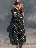 Women's Polka Dot Print Cotton-linen Set: V-neck Sleeveless Loose-fit Camisole & High-waisted A-line Skirt