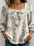 Elegant Floral Plants Decorative Pattern Women's Long Sleeve Linen Cotton Shirt