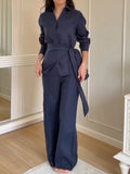 Women's Solid-color Cotton-linen Set: V-neck Long-sleeve Casual Top & High-waisted Wide-leg Pants