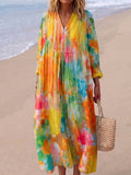 Artistic Floral Color-block Cotton-linen Vacation Dress