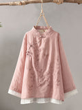 Women's Stand-collar Long-sleeve Loose-fit Casual Cotton-linen Shirt With Embroidery