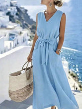 Women's Solid-color V-neck Sleeveless Casual Loose Cotton-linen Dress