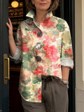 Women's Abstract Watercolor Floral Print Cotton Shirt — Turn-down Collar, Long Sleeves, Relaxed Fit