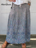 Women's Retro Elegant Ethnic Art Pattern Print Linen Pocket Skirt