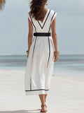 Women's Casual Vacation Line-decorated Sleeveless V-neck Dress