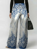 Women's Retro Floral Art Print Casual Stylish Hollow Denim Pants
