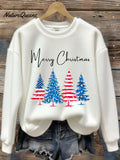 Women's Patriotic Christmas Tree With American Flag Colors Print Round Neck Sweatshirt