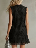 Women's Stand Collar Black Lace Sleeveless Mini Dress
