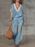 Women's Abstract Print V-neck Short-sleeve Loose-fit Top & Elastic-waist Wide-leg Pants Set