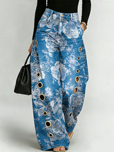 Vintage-style Elegant Floral Decorative Pattern Women's Denim Pants
