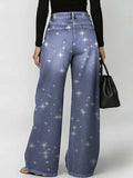 Women's Shinny Art Print Casual Stylish Hollow Denim Pants