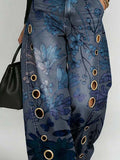 Women's Retro Floral Art Print Casual Stylish Hollow Denim Pants