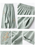 Women's Cotton-linen Casual Trousers — Lightweight Spring/summer Retro-style Wide-leg Pants With Ethnic Embroidery