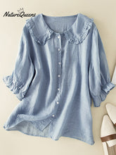 Cotton Linen Loose Peter Pan Ruffles Neck Shirt