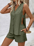 Women's Casual Solid-color Cotton-linen Cardigan Vest And Shorts Set