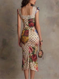 Vintage Floral & Polka Dot Lace Trim Ruched Midi Dress