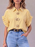 Women's Striped Print Shirt-collar Short-sleeve Casual Loose Cotton Cardigan