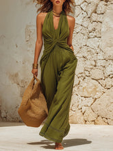 Olive Green Halter Twist-front Linen Cotton Top & Lace Trim Wide Leg Pants Set