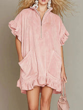 Women's Double Pockets Zipper Ruffle Sleeves Short-sleeve A-line Dress