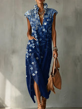 Abstract-style Floral Decorative Pattern Women's No Sleeve Bud Collar Linen Cotton Dress