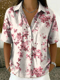 Artistic Floral-print Short-sleeve Collared Shirt With Half-button Placket