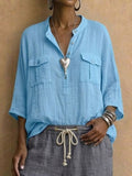 Women's Solid-color Cotton-linen Shirt With Pocket And Henley Collar