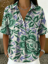 Women's Vintage Botanical Floral Casual Polo Collar Short-sleeved Linen And Cotton Shirt