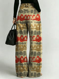 Women's Retro Geometric Patterns Printed Stylish Cutout Casual Denim Jeans