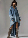 Ursime Festival Blue V Neck Lantern Sleeve Long Sleeve High Low Hem Casual Denim Mini Dresses