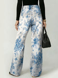 Vintage-style Elegant Floral Decorative Pattern Women's Denim Pants