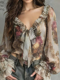 Sexy Watercolor Floral Print Lace-up Ruffle-sleeve Blouse