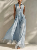 Casual Sleeveless Linen And Cotton Dress With Fringes