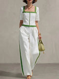 Women's Patchwork Striped Cotton-linen Set