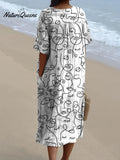 Women's Simple Face Print Print Pocket Linen Dress(Convertible Dress With Front And Back Option)