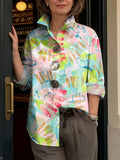 Women's Casual Loose Cotton Shirt With Abstract Art Graffiti Print, Lapel Collar, And Long Sleeves