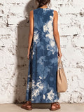 Women's Abstract Print Round-neck Sleeveless Loose-fit Cotton-linen Casual Dress