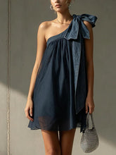Dark Denim Blue One-Shoulder Bow Chiffon Overlay Mini Dress