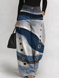 Women's Vintage Blue Stripes Art Print Casual Fashion Cutout Jeans